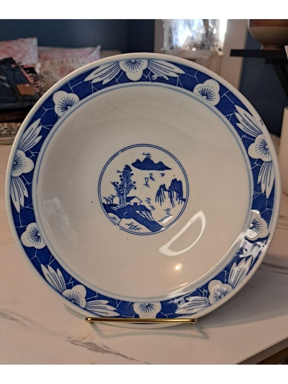 Vintage Jingdezhen Chinese Blue & White Lotus Design Porcelain Footed Bowl 9"
